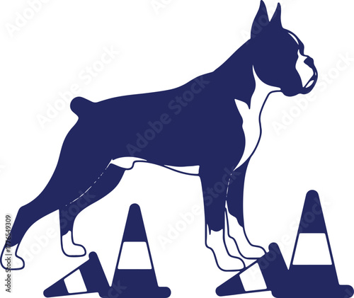 Vector Illustration of Boxer Dog Navigating Agility Course with Training Cones on White Background