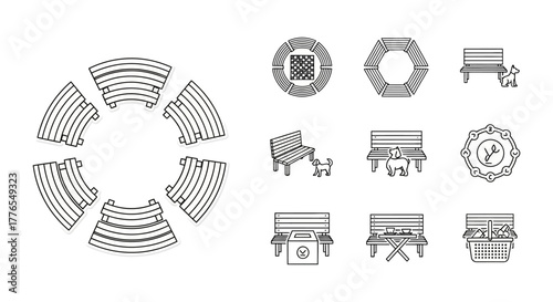 park furniture icon set showcasing benches tables and seating arrangements for outdoor spaces promoting community and relaxation in public areas