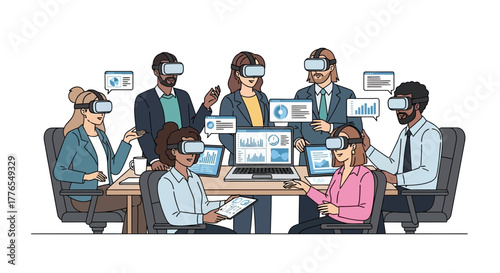 Business team in virtual reality headsets collaborating on project at modern office, futuristic meeting for global strategy with cutting edge technology