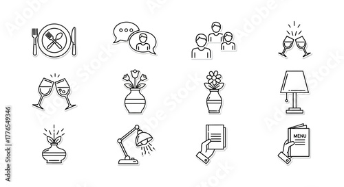 restaurant icons food service social gathering drinks interior decor menu selection for website app design illustrating restaurant services