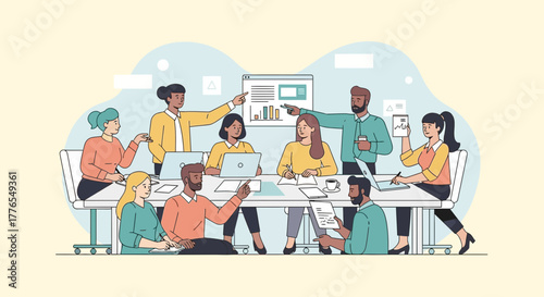 Dynamic team collaborating on strategic planning session, reviewing data and charts for growth, fostering teamwork and innovation for business success