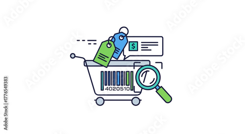 Discover smart online shopping deals with a magnifying glass and shopping cart, showcasing sales, discounts, and bargains in a modern, clean design