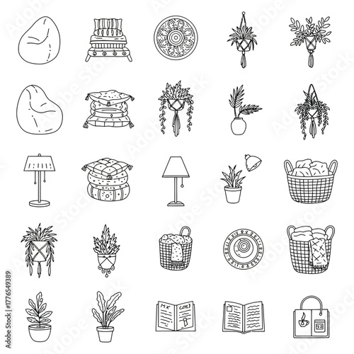 cozy home decor elements a collection of indoor plants comfy cushions and hand-drawn furnishings for a warm inviting comfortable interior design