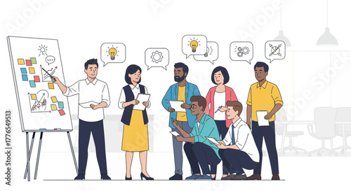 Dynamic team brainstorming innovative ideas together, presenting solutions and strategies for business growth, modern office collaboration, teamwork vision