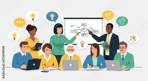 Dynamic team collaborating on strategy with whiteboard flowcharts, sparking creative ideas, and driving business growth in modern workspace, originally vector graphics