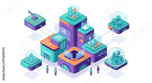 Futuristic city concept showcases interconnected buildings, data flows, and urban planning, presenting a vision of innovation and future technologies