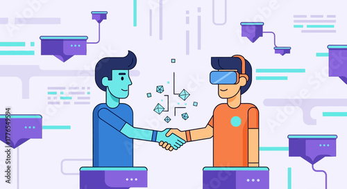 Virtual reality handshake symbolizes innovative partnership, technology agreement, and future collaboration within a modern digital landscape