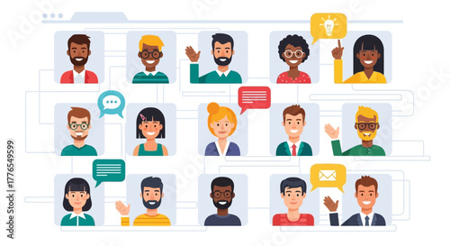 Diverse team collaborating remotely online, connecting through video conference, sharing ideas and messages in a dynamic virtual meeting space