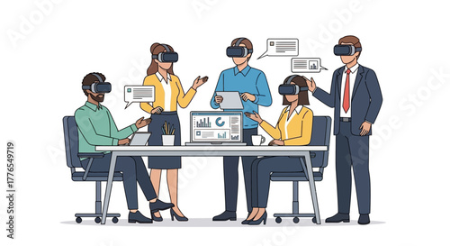 Modern business team collaborating with VR headsets to analyze data and innovative strategies together, bringing technology and teamwork for success