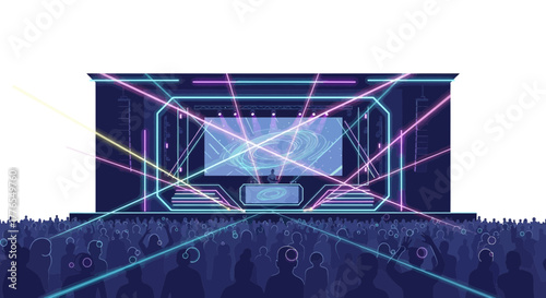 Experience the energy of a live music event, a packed crowd enjoys the vibrant concert with dynamic stage lighting, perfect for event promotion and music marketing