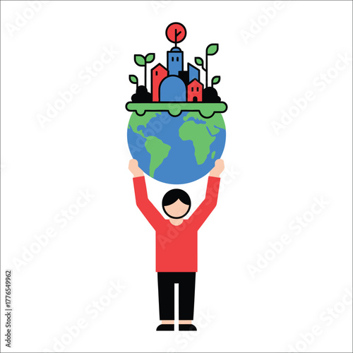 Person holding planet Earth with city and plants on top