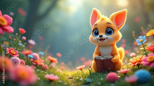 Fototapeta Naklejka Na Ścianę i Meble -  Cute cartoon fox cub sitting in a vibrant flower meadow
