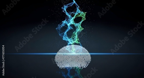 Abstract digital visualization of a fingerprint merging with a swirling, glowing network of particles against a dark background
