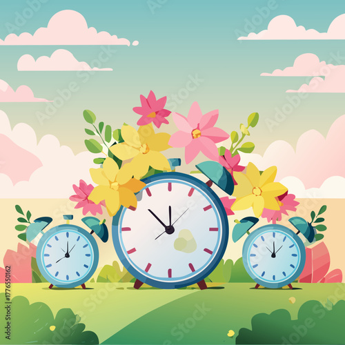 Floral Clock Vector Illustration — Springtime Alarm Clocks with Flowers and Pastel Landscape