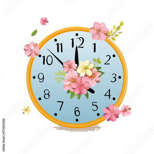 Floral Clock Vector Illustration — Springtime Clock Designs with Flowers and Pastel Botanical Elements