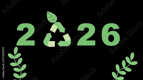 happy new year 2026 eco friendly recycle theme with leaves and alpha channel animation 