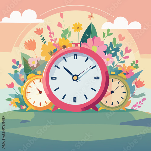 Floral Clock Vector Illustration — Springtime Alarm Clocks with Flowers and Pastel Landscape
