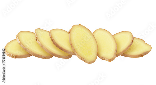 Freshly sliced ginger root arranged horizontally on transparant background, showcasing its vibrant texture for culinary use or herbal remedies