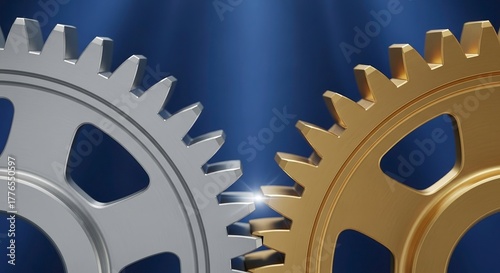 Synergy in motion with interlocking gold and silver gears, a concept of business partnership, teamwork, and industrial collaboration
