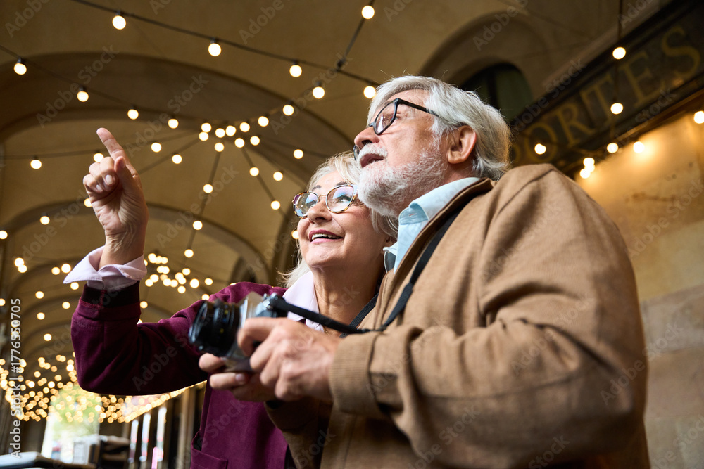 Fototapeta premium Senior couple traveling pointing discovery city lights