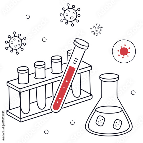 Innovative science: Test tubes and virus illustration signify cutting-edge research, medical breakthroughs, and hope for scientific advancement in healthcare