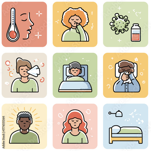 A set of  icons showing health problems and stress.