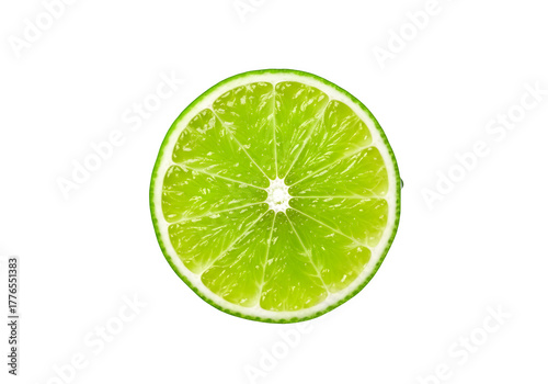 fresh round slice of lime with waterdrops, isolated on white or transparent background. PNG