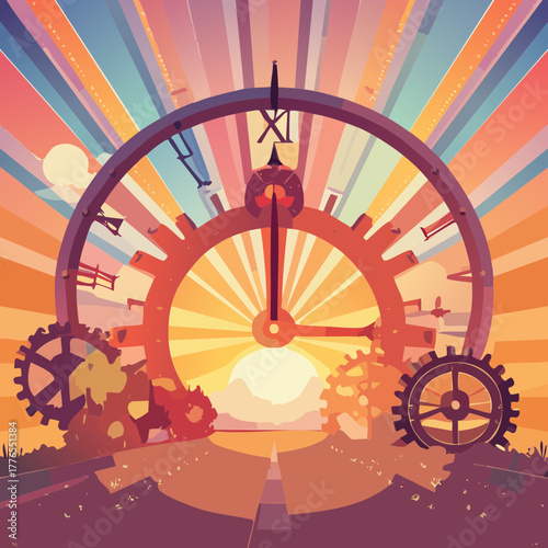 Gear Clock Sunrise Vector Illustration — Mechanical Time Concept with Gears and Radiant Sky