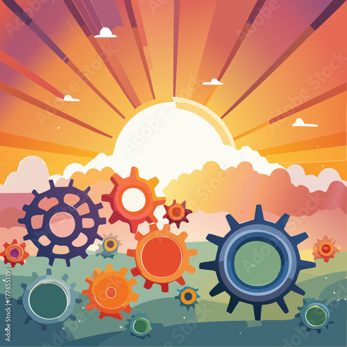 Gear Clock Sunrise Vector Illustration — Mechanical Time Concept with Gears and Radiant Sky