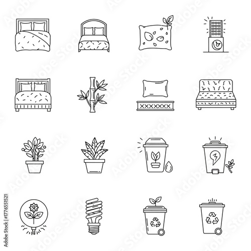 sustainable living items eco-friendly products in a simple line art style promoting environmental awareness and green lifestyle choices for conscious consumers.