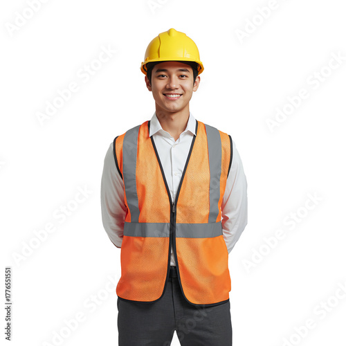 Construction Worker in Safety Attire Smiles Confidently During a Workday