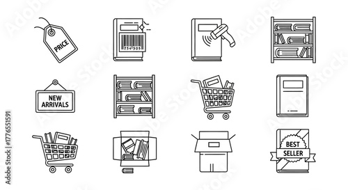 Bookstore line icons price tag books with barcode and bestsellers shelves shopping cart and delivery box for online promotion and education