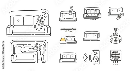 smart home automation line icons living room tech controlled for convenience enhancing home automation systems and improving modern lifestyle easily