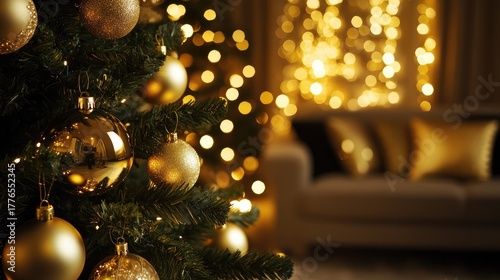 Elegant ornaments and golden lights shining on a luxury Christmas tree in a cozy living room at night, creating a glamorous holiday interior ambience.