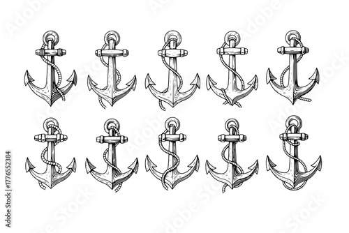 Set of Anchors Clip-Art Collection: Vector Illustration of Classic Retro Nautical Anchor in Engraving Technique, Marine, Sailing, Sea.
