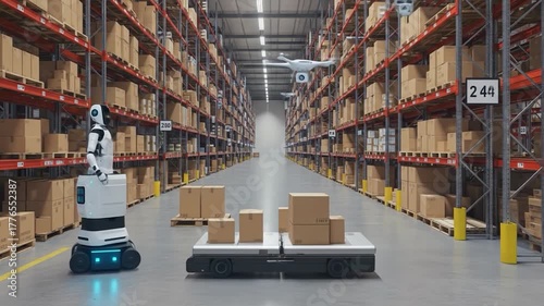 A futuristic warehouse scene features robots and drones transporting packages amidst towering shelves filled with cardboard boxes