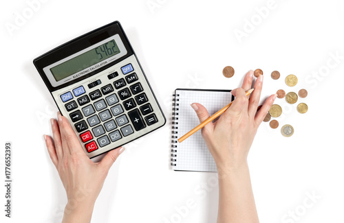 Female hands counting euro coins with calculator and notepad, concept of money calculation, household budget planning and accounting, isolated object on transparent background, PNG.
