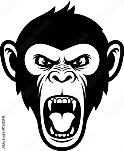 Aggressive Roaring Gorilla or Monkey Face Logo Mascot Design, Furious Primate Ape Head Showing Teeth, Animal Rage, Black and White Vector Illustration.