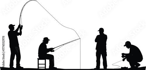 Silhouette of Four Men Fishing Outdoors with Rods, Bait, and Gear – Recreational Activity, Leisure, Observation, and Equipment Handling Scene