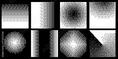 Vector illustration features a minimalist Y2K pop art style in black and white, using bold geometric shapes and halftone dot patterns. The theme is abstract with a graphic, pixelated texture.