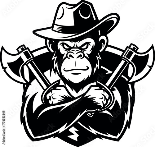 Intense Gorilla Mascot in Ranger Hat with Crossed Axes - Black and White Vector Illustration for Esport, Logo, Lumberjack, or Biker Club Design.