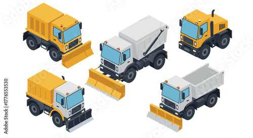 Isometric snow removal trucks set with plows and dumpers