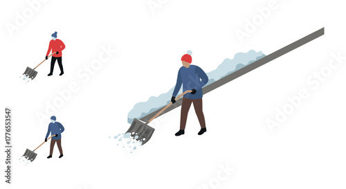Isometric winter scene person shoveling snow in cold weather