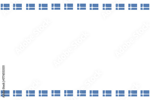 Horizontal holiday frame. Blue gift boxes with white ribbon. Greeting card. Christmas, New Year, Happy Birthday. Flat vector design.