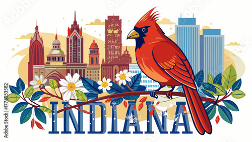 Very beautiful whimsical illustration of Indiana, featuring a bright red cardinal perched on a flowering branch with a city skyline in the background, and the word “Indiana” displayed in a decorative 