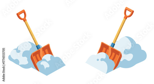 Bright cartoon shovel clearing snow with blue clouds and orange handle