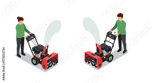 Isometric people operating snow blowers in winter setting