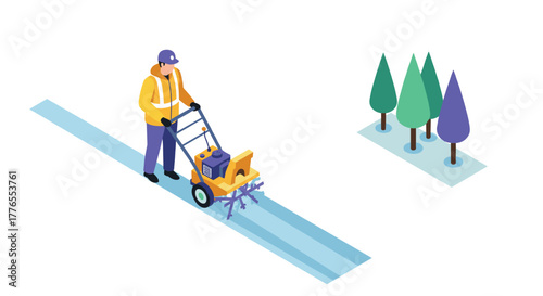 Winter maintenance worker using snow blower in isometric urban park setting