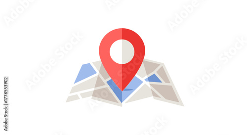 A red pin sits atop a simplified map with light blue and grey shapes, indicating a location
