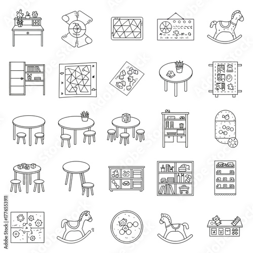 playroom furniture icons outline illustrations of nursery tables chairs toy shelves rocking horses depicting childhood creativity and learning spaces